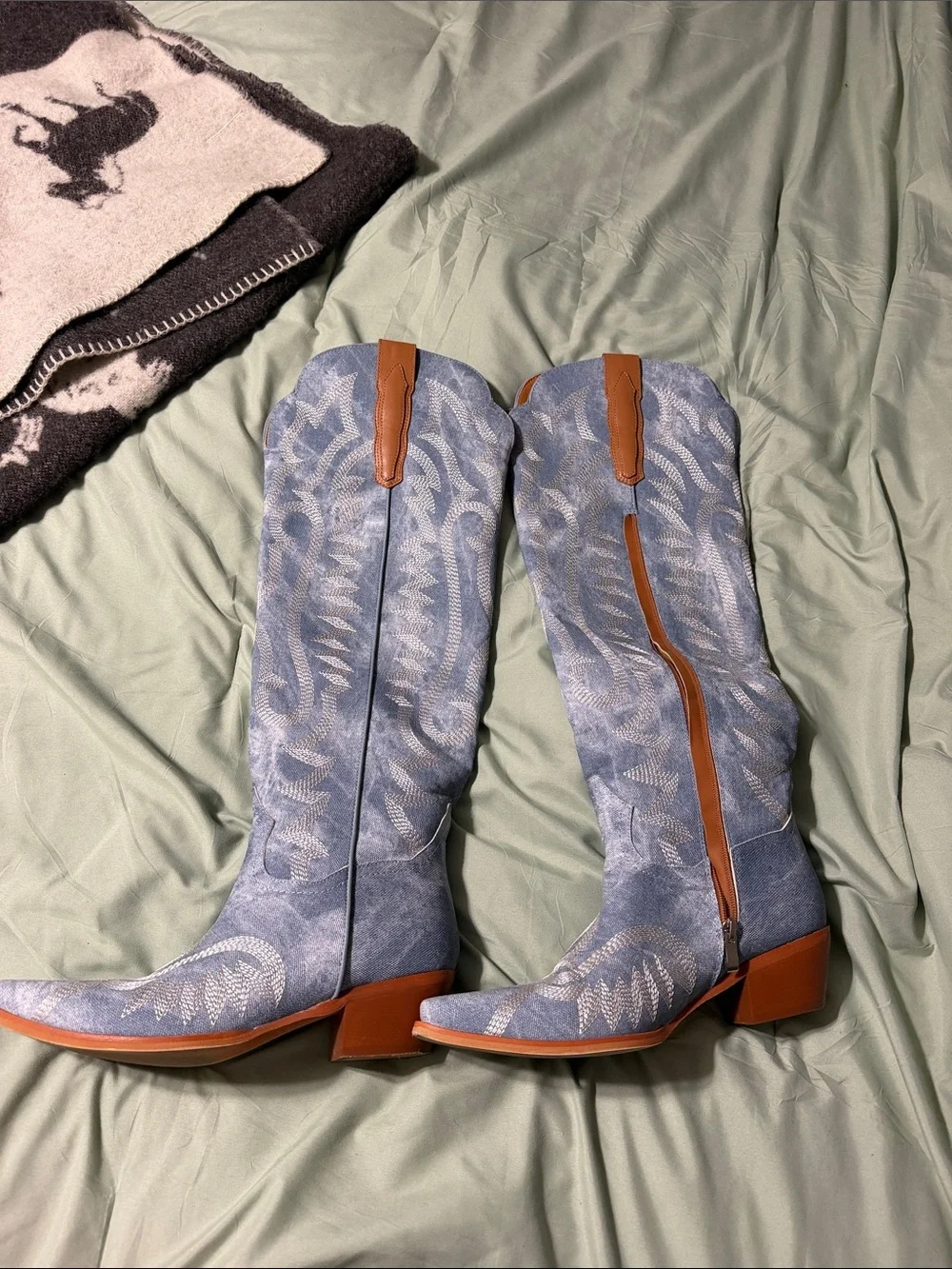 Women's Denim Western Knee-High Boots with Brown Trim